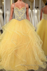 Yellow sweetheart tulle sequin long Semi Formal Prom Dresses, yellow evening Dresses